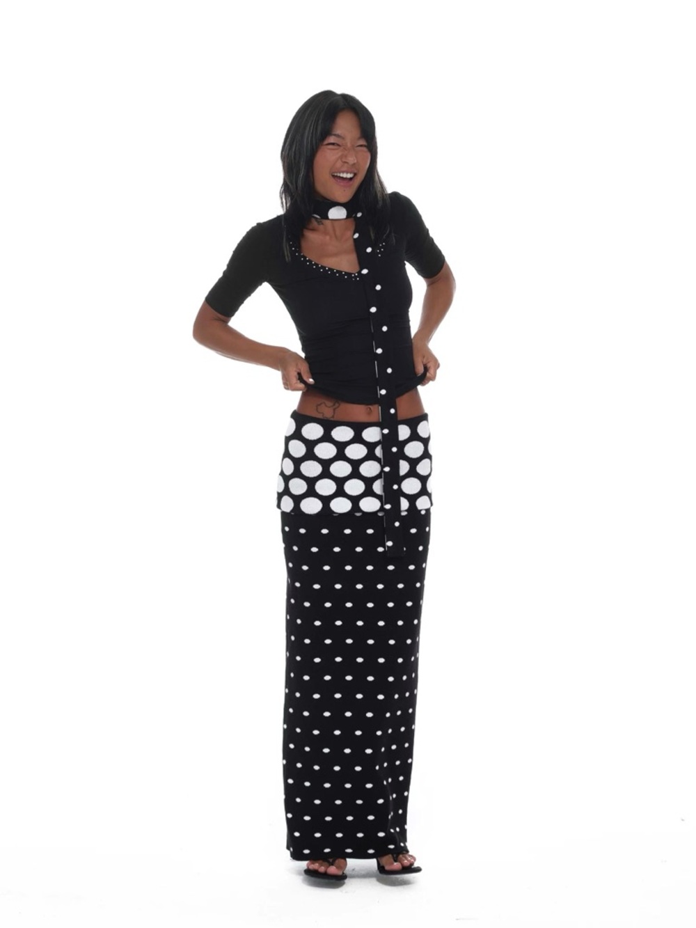 INNERFLOW Black & White Polka Dot Top, Maxi Skirt & Scarf